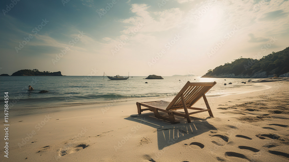 Serene Beach Scene with Wooden Lounger Serene Beach Scene with Wooden Lounger