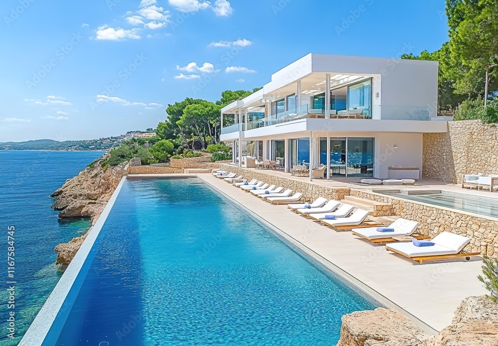 Fototapeta premium Mallorca, with the blue sea in the background, a white modern luxury villa with an infinity pool and sun loungers along the edge of it.