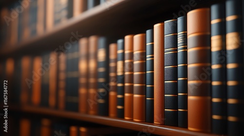 A close-up view of classic literature books arranged neatly on a wooden bookshelf, emphasizing the timeless beauty and elegance of hardbound volumes in a library setting. photo