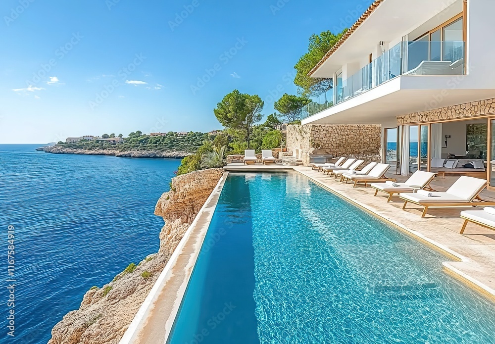 Mallorca, with the blue sea in the background, a white modern luxury villa with an infinity pool and sun loungers along the edge of it. Mallorca, with the blue sea in the background, a white modern luxury villa with an infinity pool and sun loungers along the edge of it.