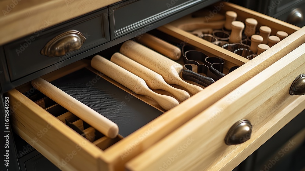 Drawer filled with baking tools and accessories including rolling pins, measuring cups, and cookie cutters, each placed in dedicated slots for practical kitchen organization. Drawer filled with baking tools and accessories including rolling pins, measuring cups, and cookie cutters, each placed in dedicated slots for practical kitchen organization.