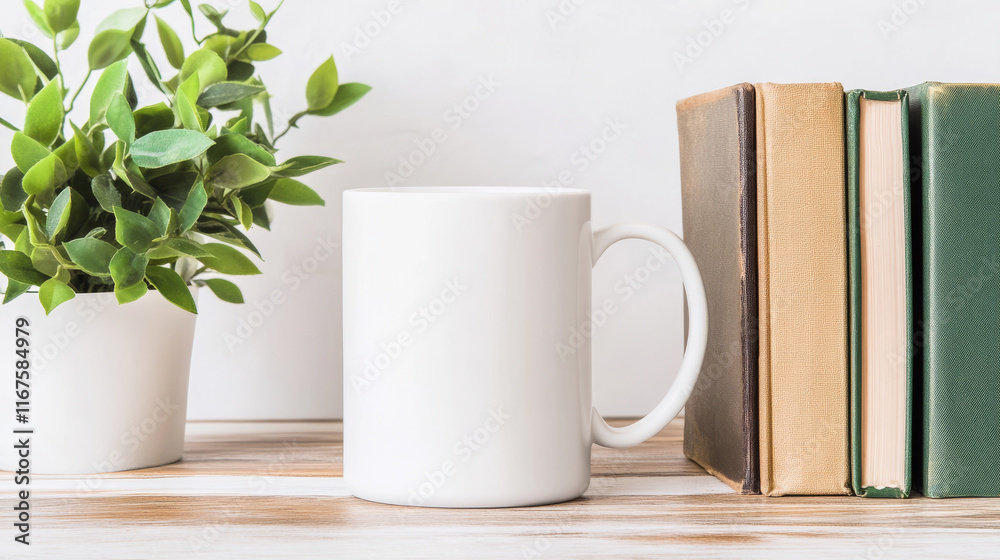 White mug sits on a wooden surface next to a small potted plant and a stack of books. Simple, clean, and calming. White mug sits on a wooden surface next to a small potted plant and a stack of books. Simple, clean, and calming.