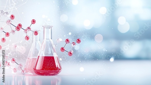 Scientific laboratory concept with two glass beakers containing red liquid against a blurred background with molecular model. Ideal for chemistry and research themes.