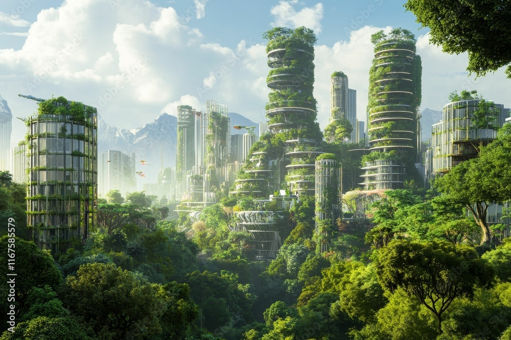 Obraz premium Lush green jungle envelops futuristic, vertical buildings.