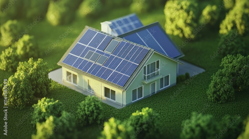 Eco-Friendly House with Solar Panels in a Lush Green Environment Eco-Friendly House with Solar Panels in a Lush Green Environment