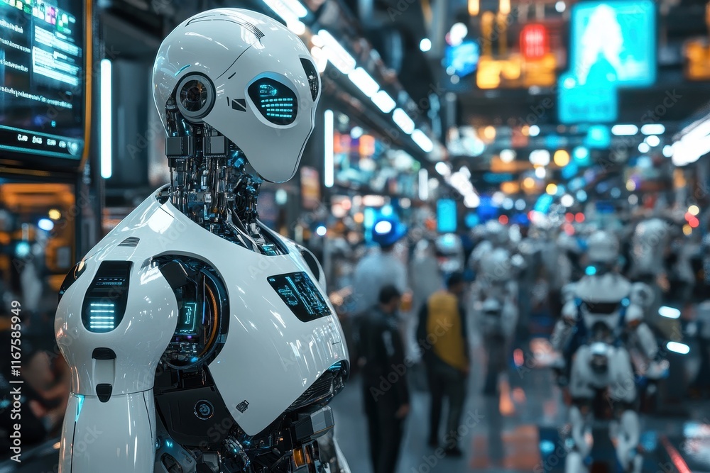 Advanced humanoid robot stands in a futuristic urban environment with glowing lights and vibrant crowds during nighttime Advanced humanoid robot stands in a futuristic urban environment with glowing lights and vibrant crowds during nighttime