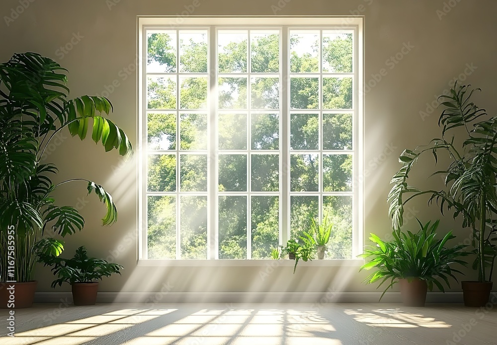 Fototapeta premium 3D rendering of a large window with green plants on the left and right sides, with sunlight shining through, and a beige wall.