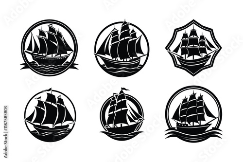sailing ship silhouette logo icon set 