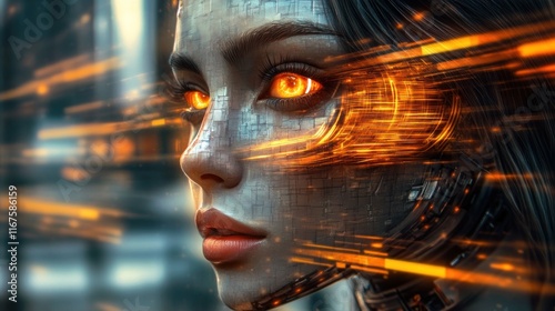 Cyberpunk Woman: Digital Portrait of a Futuristic Female with Glowing Orange Eyes