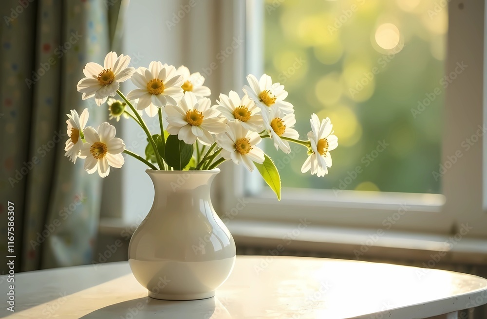 Delicate white flowers in a vase will fill a sunny room with soft light and cozy atmosphere. Spring postcard, soulful image Delicate white flowers in a vase will fill a sunny room with soft light and cozy atmosphere. Spring postcard, soulful image