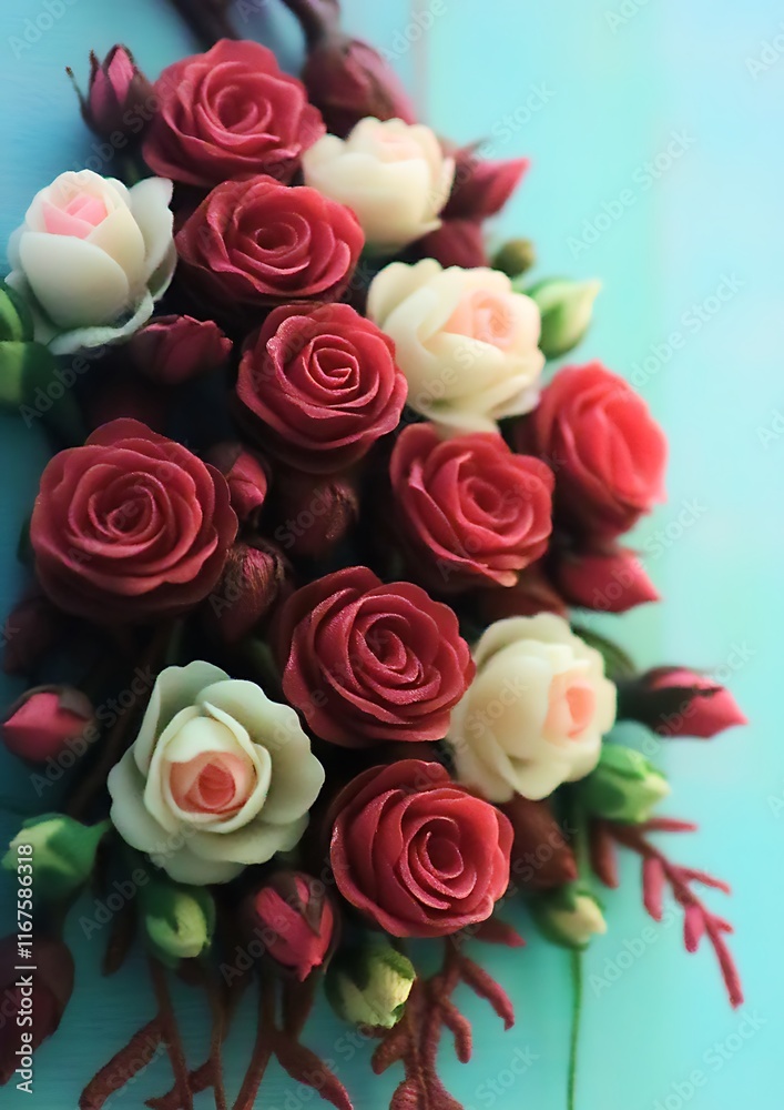 Roses, buds and leaves adorn blue backdrop. Roses, buds and leaves adorn blue backdrop.