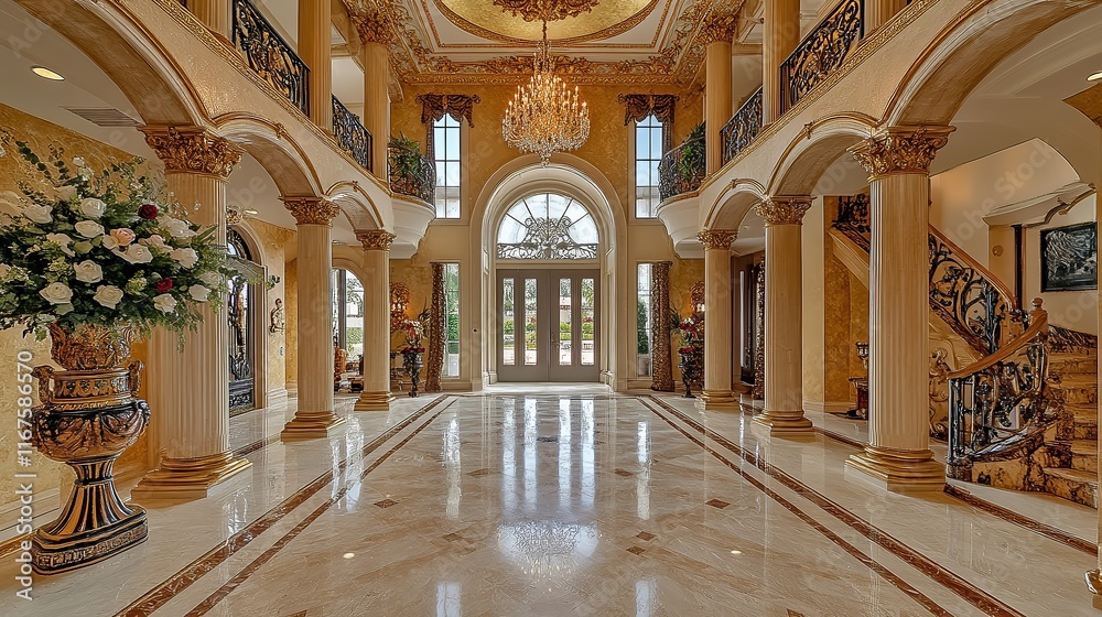 Obraz premium Luxurious hallway in high-end residence featuring marble floors, gold-accented trim, and coffered ceiling with chandelier, exuding elegance and grandeur in modern architectural design.