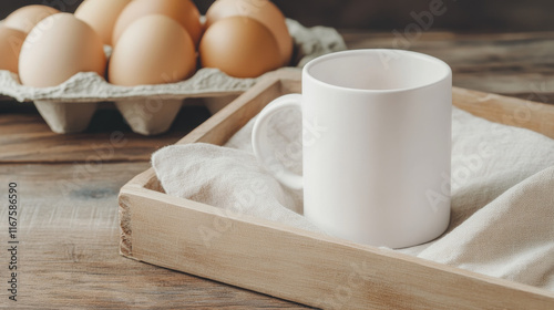 Wallpaper Mural A white mug sits on a wooden tray with a linen cloth, next to a carton of eggs.  Simple, rustic, and cozy. Torontodigital.ca