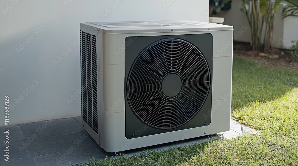 Fototapeta premium Modern Outdoor Heat Pump Unit on a Lush Green Lawn