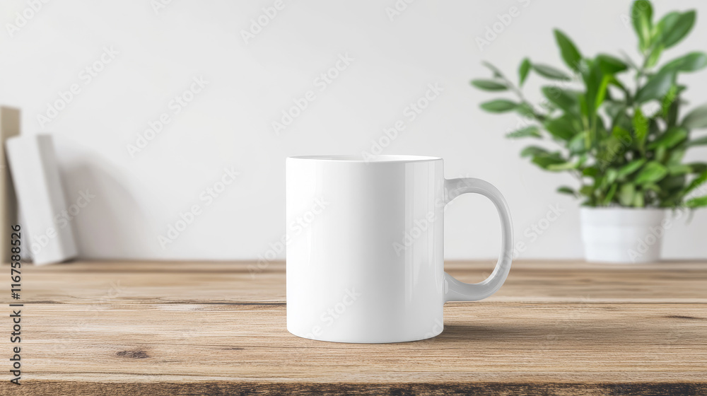 Simple white mug on a wooden table, next to a potted plant. Perfect for your design! Simple white mug on a wooden table, next to a potted plant. Perfect for your design!