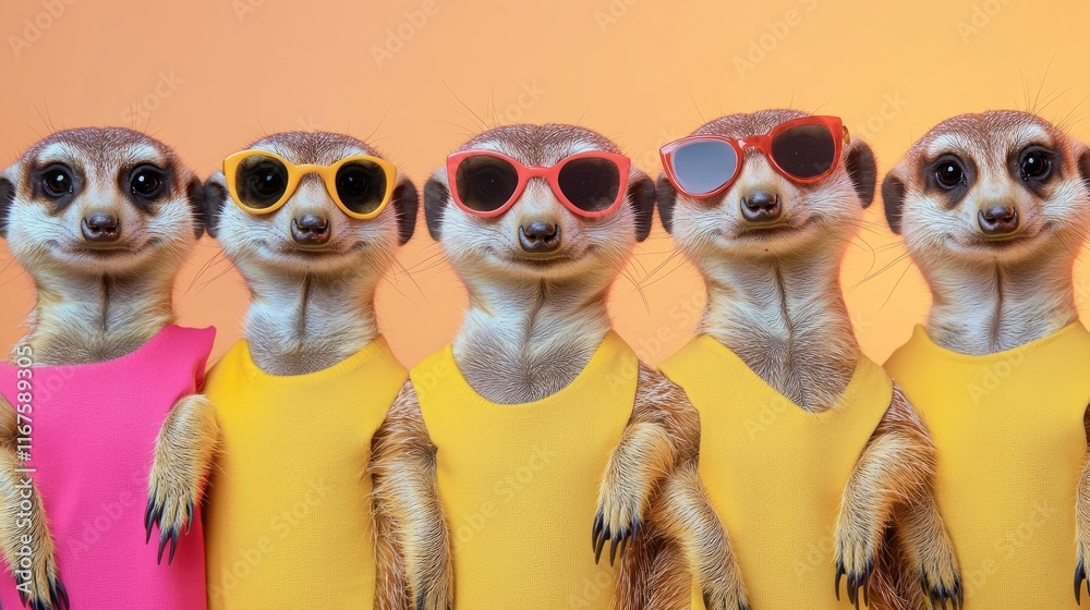 Fototapeta premium Five playful meerkats in colorful swimsuits and sunglasses against a gradient background.