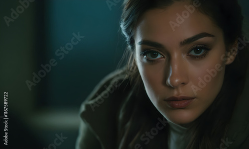 Young woman with serious expression posing in dark room