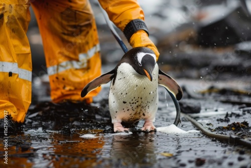 Rescuer cleaning oiled penguin