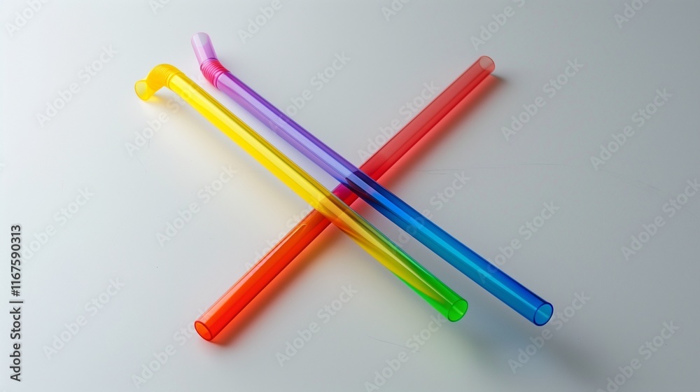 A pair of rainbow-colored drinking straws crossed neatly on a smooth white table. A pair of rainbow-colored drinking straws crossed neatly on a smooth white table.