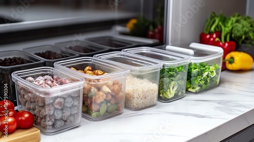 A photostock image of a clean, organized refrigerator with healthy meal prep containers.--ar 16:9 photo