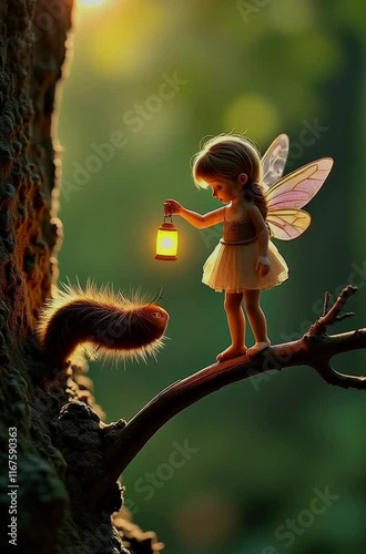 A fairy with glowing wings and a lantern interacts with a caterpillar on a tree branch in a lush forest illuminated by golden sunlight.