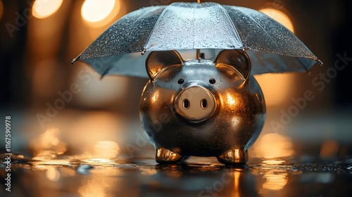 Fototapeta Naklejka Na Ścianę i Meble -  A silver piggy bank is sitting on a wet surface with an umbrella over it