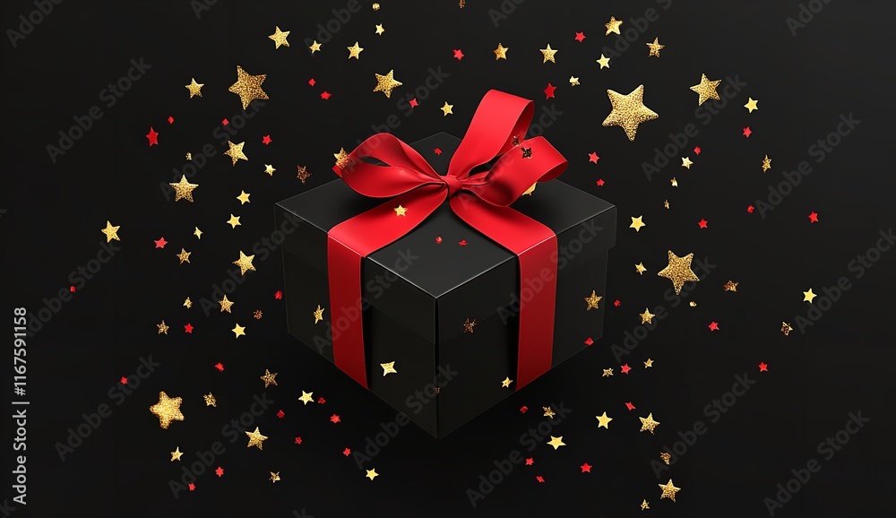 Black Gift Box with Red Ribbon and Golden Stars on a Black Background
Black Gift Box with Red Ribbon and Golden Stars on a Black Background