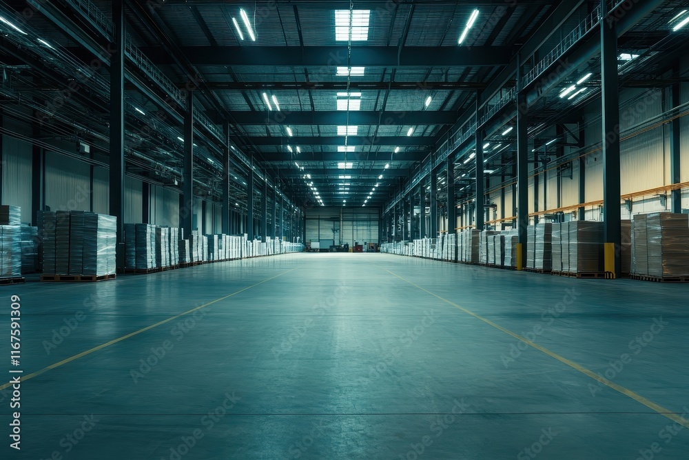Large, empty warehouse interior with high ceilings, bright lighting, and rows of storage racks. Large, empty warehouse interior with high ceilings, bright lighting, and rows of storage racks.