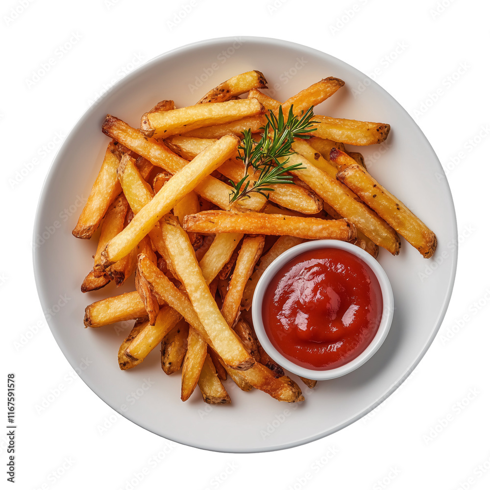 top view of plate full of french fries with ketchup isolated on a transparent background top view of plate full of french fries with ketchup isolated on a transparent background