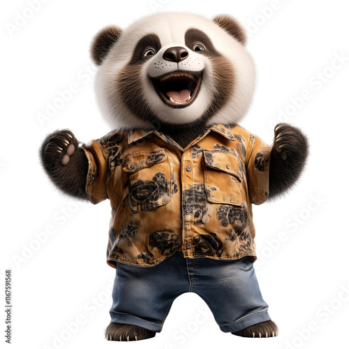 A 3d playful white and black panda bear wearing a colorful shirt and jeans, smiling isolated on a transparent background	 photo