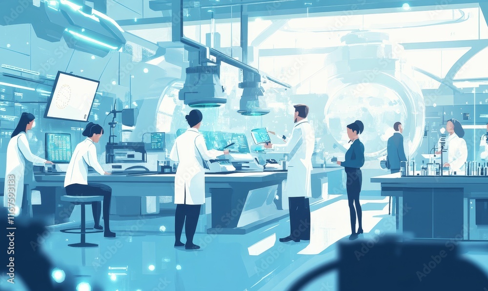 Scientists work in a futuristic laboratory setting. Scientists work in a futuristic laboratory setting.