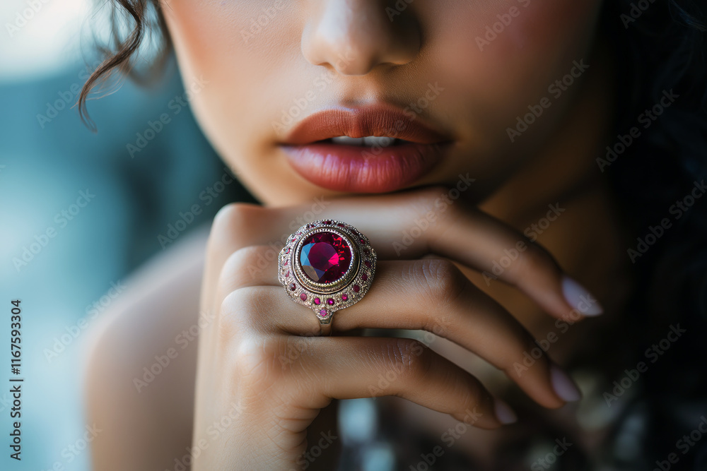 Naklejka premium Soft-focus image of a model wearing a cocktail ring with an oversized ruby centerpiece, her hand resting on her chin.