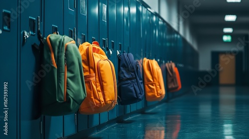 Blue, Green, and Orange School Backpacks Lined Up Against Dark Background

 photo