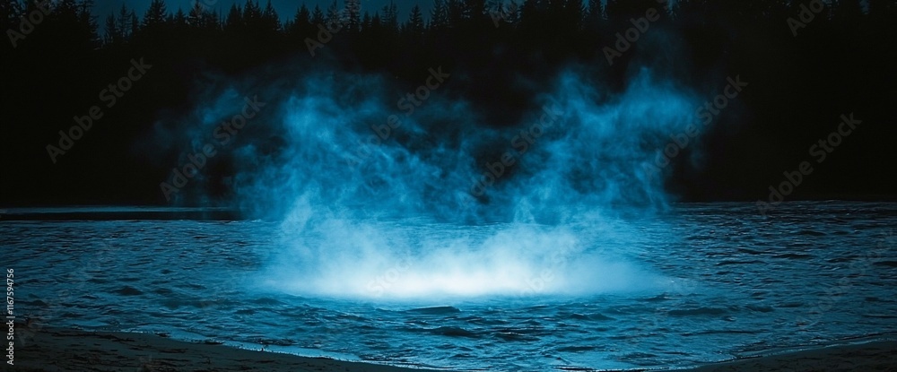 Eerie blue mist rising from dark water at night. Eerie blue mist rising from dark water at night.
