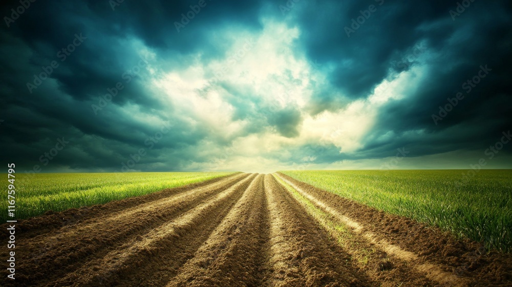 Obraz premium Dramatic Sky Over Farm Landscape with Diffused Light