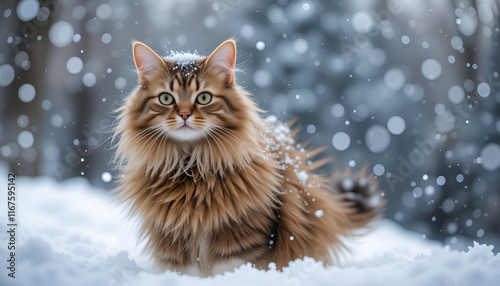 
A fluffy brown striped cat poses outdoors in the snow, set against a natural backdrop. Winter animals as companions idea. Cozy banner for Christmas and New Year featuring a space for text.

