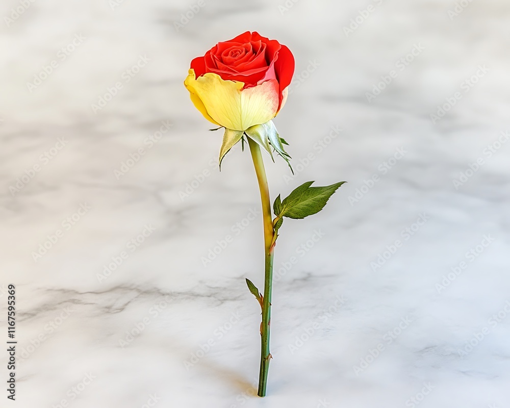 Single bi-color rose with red and yellow petals on marble. Single bi-color rose with red and yellow petals on marble.