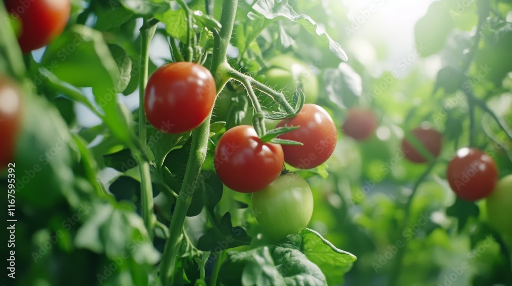 Fresh Tomatoes in Sunlit Countryside Garden Scene Fresh Tomatoes in Sunlit Countryside Garden Scene