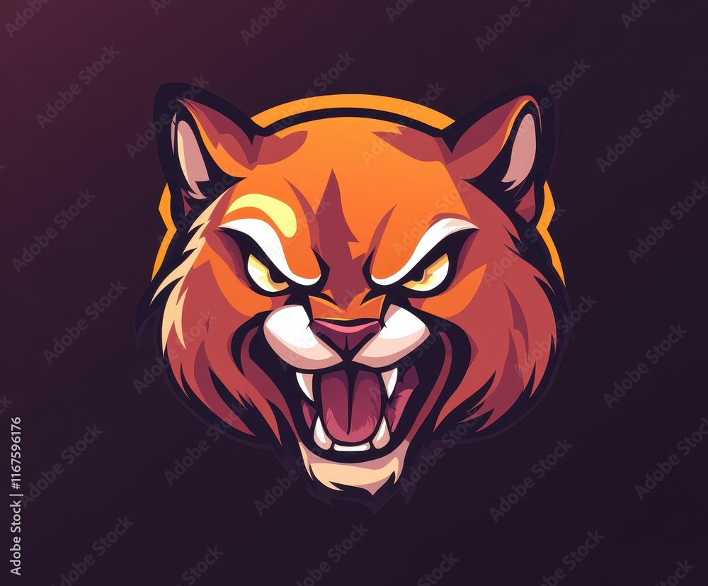 Fototapeta premium Snarling orange wildcat with piercing eyes, stylized as an aggressive logo design.