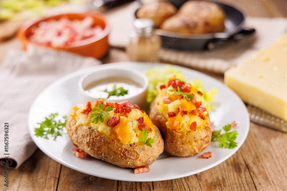 stuffed baked potato with cheese and bacon stuffed baked potato with cheese and bacon