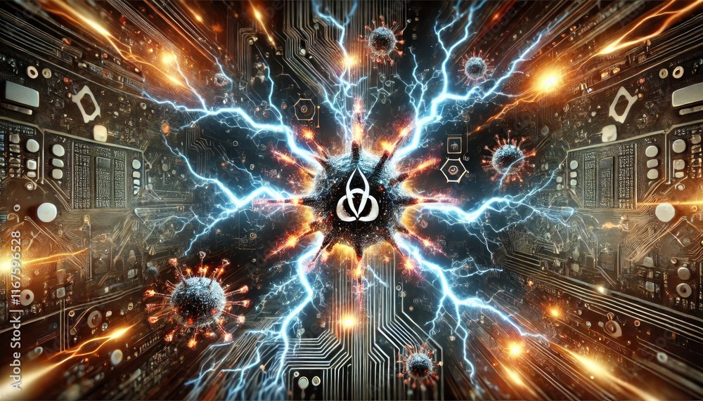 Fototapeta premium Cyberattack Visualization with Lightning Bolts and Virus-Like Digital Patterns: High-Tech Realistic Depiction in Dramatic Lighting