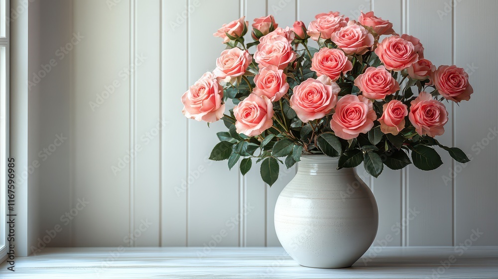 A large bouquet of light pink roses in a white vase sits on a window sill. A large bouquet of light pink roses in a white vase sits on a window sill.