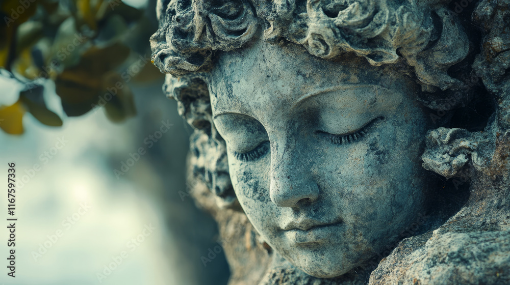 Close-up of a serene, weathered stone cherub statue. The cool tones and detailed carving evoke a sense of peace and timelessness. Close-up of a serene, weathered stone cherub statue. The cool tones and detailed carving evoke a sense of peace and timelessness.