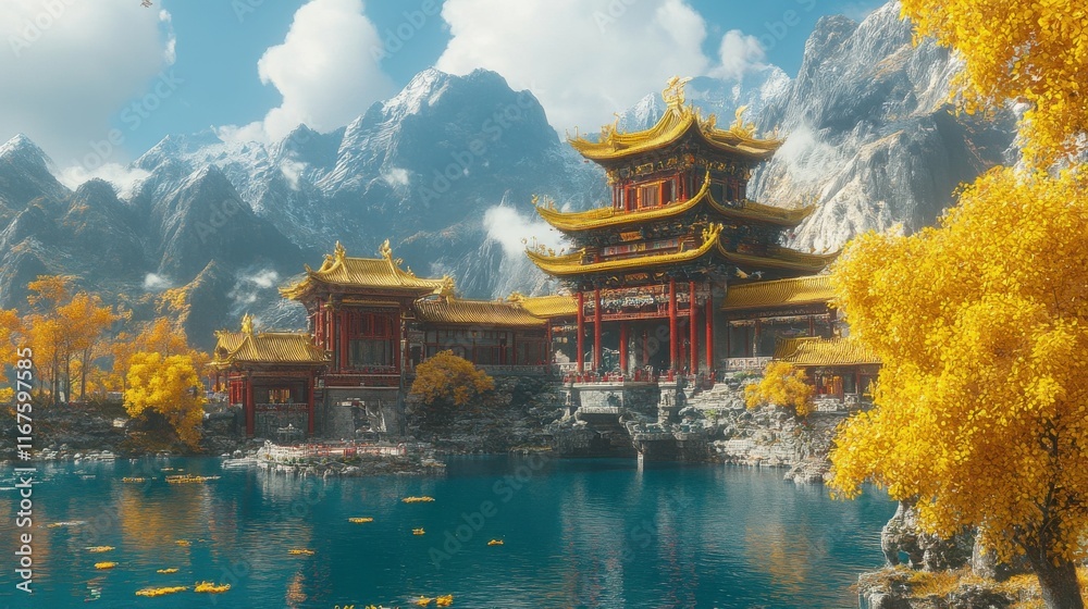 Obraz premium Serene Autumn Landscape with Traditional Architecture