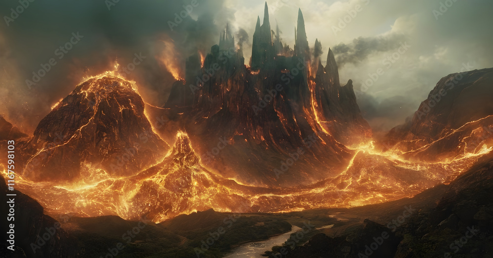 Fototapeta premium Volcano erupting molten lava with black stone ruins