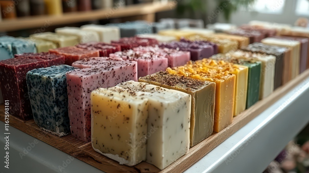 Colorful handmade soap bars displayed on wooden tray. Colorful handmade soap bars displayed on wooden tray.