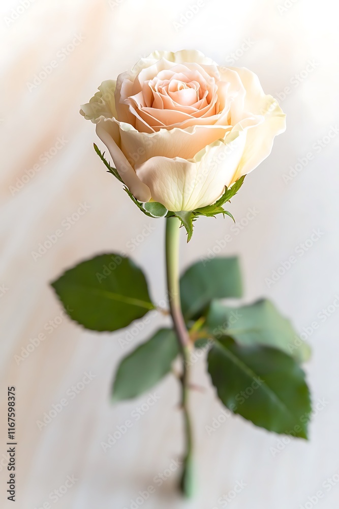 Single peach rose, with leaves, stem, and thorns. Single peach rose, with leaves, stem, and thorns.