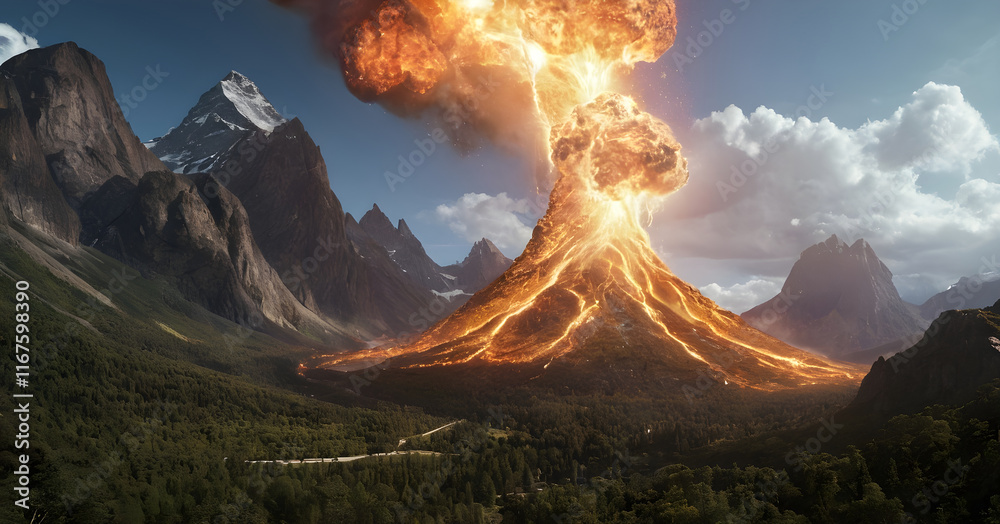 Obraz premium Volcano erupting with lava and ash cloud in mountain landscape