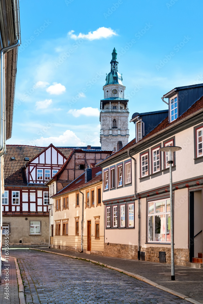 Fototapeta premium Cityscape of the idyllic town of Langensalza with tower of the Marktkirche in Thuringia , Germany