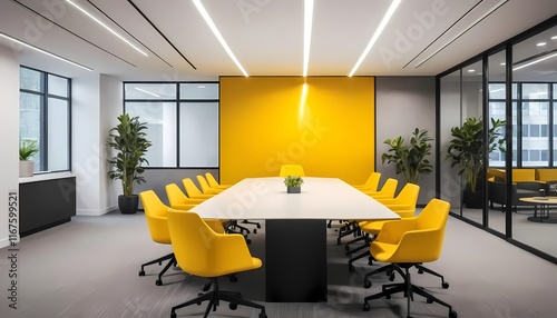 Sleek office reception with yellow lighting creating a warm and professional atmosphere
